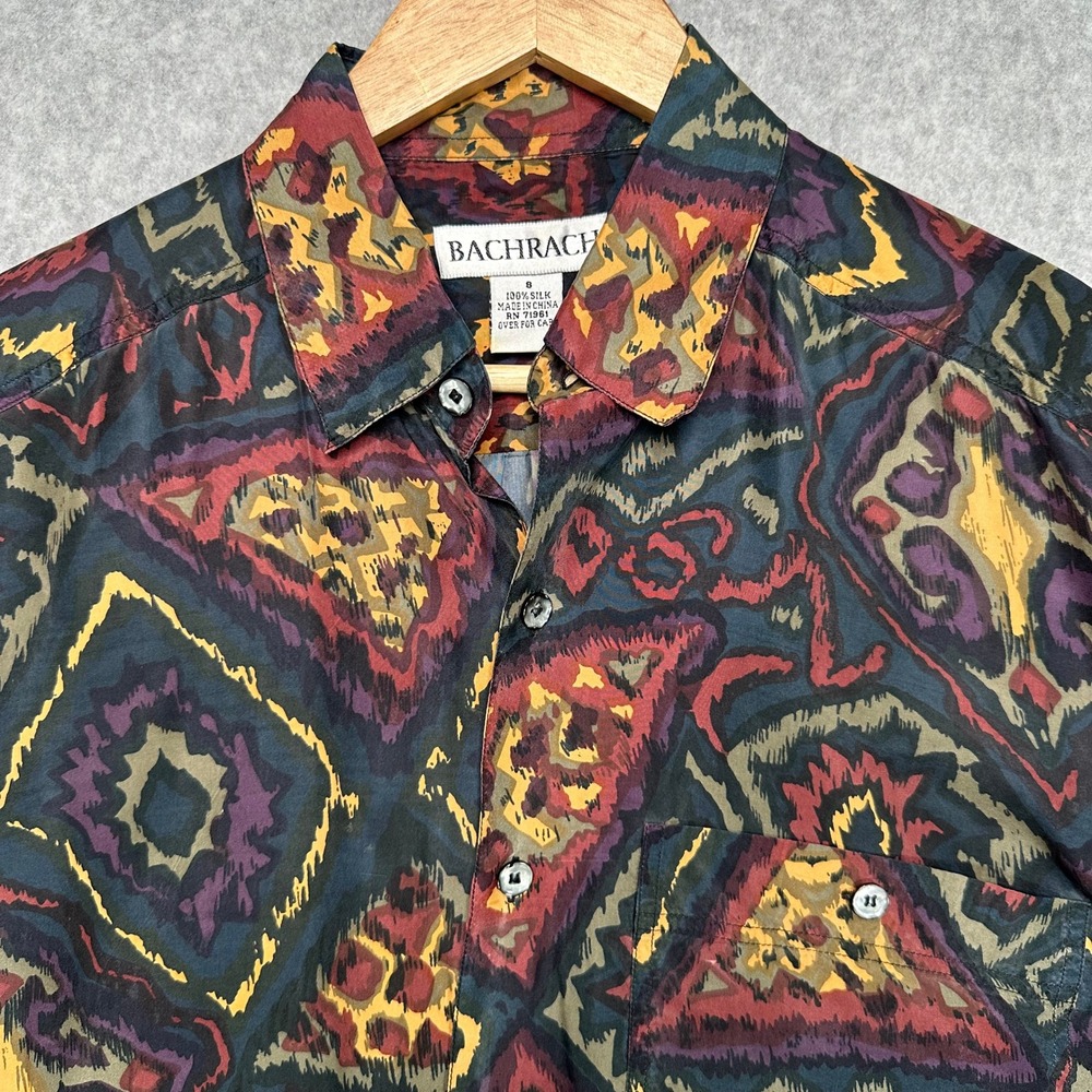 Vintage Bachrach‎ Mens Silk Abstract Print Short Sleeve Button Up Shirt Size S